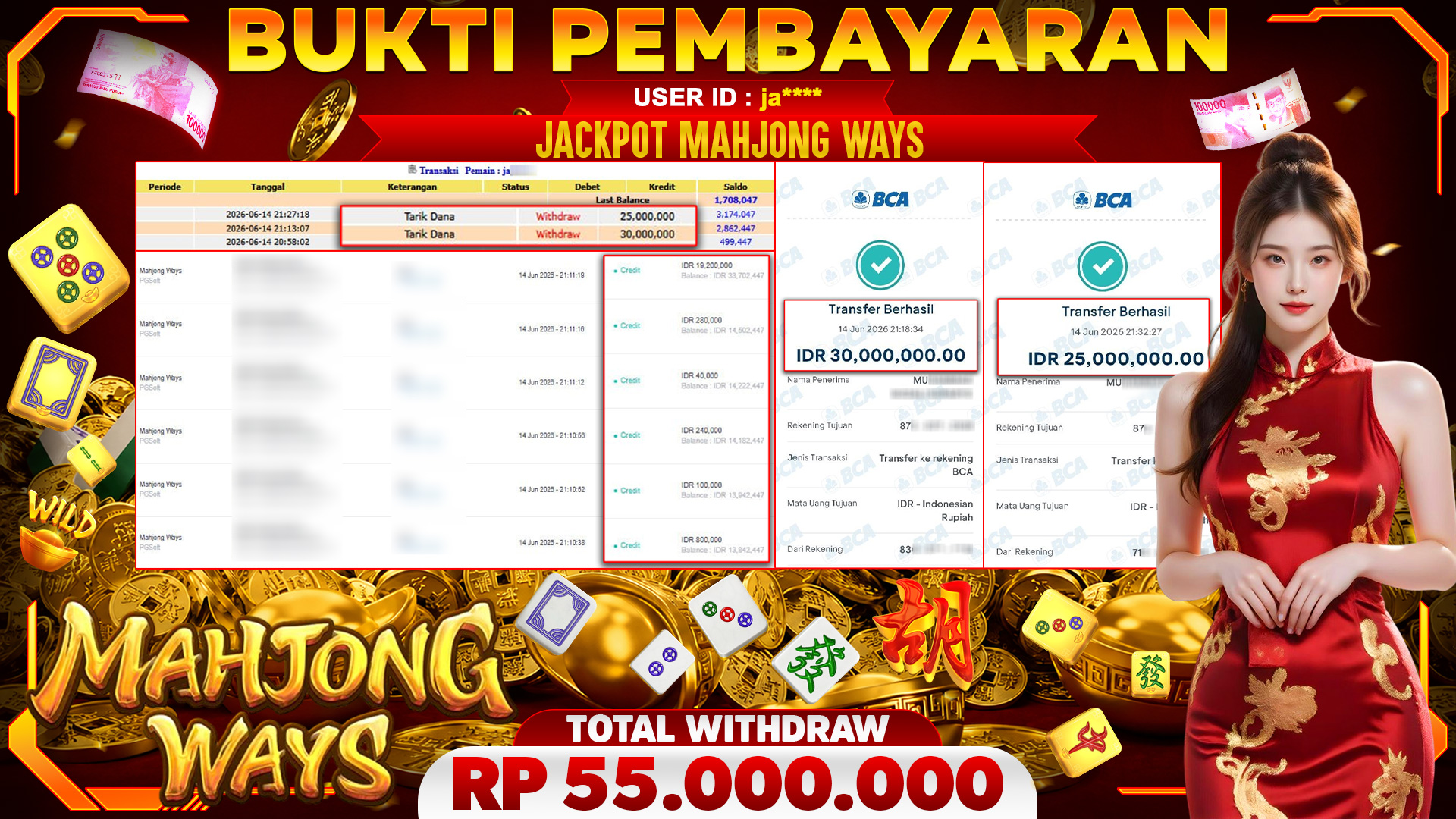 🏆 SELAMAT KEPADA PEMENANG JACKPOT DI Mahjong Ways - PGSoft 55,000,000🏆