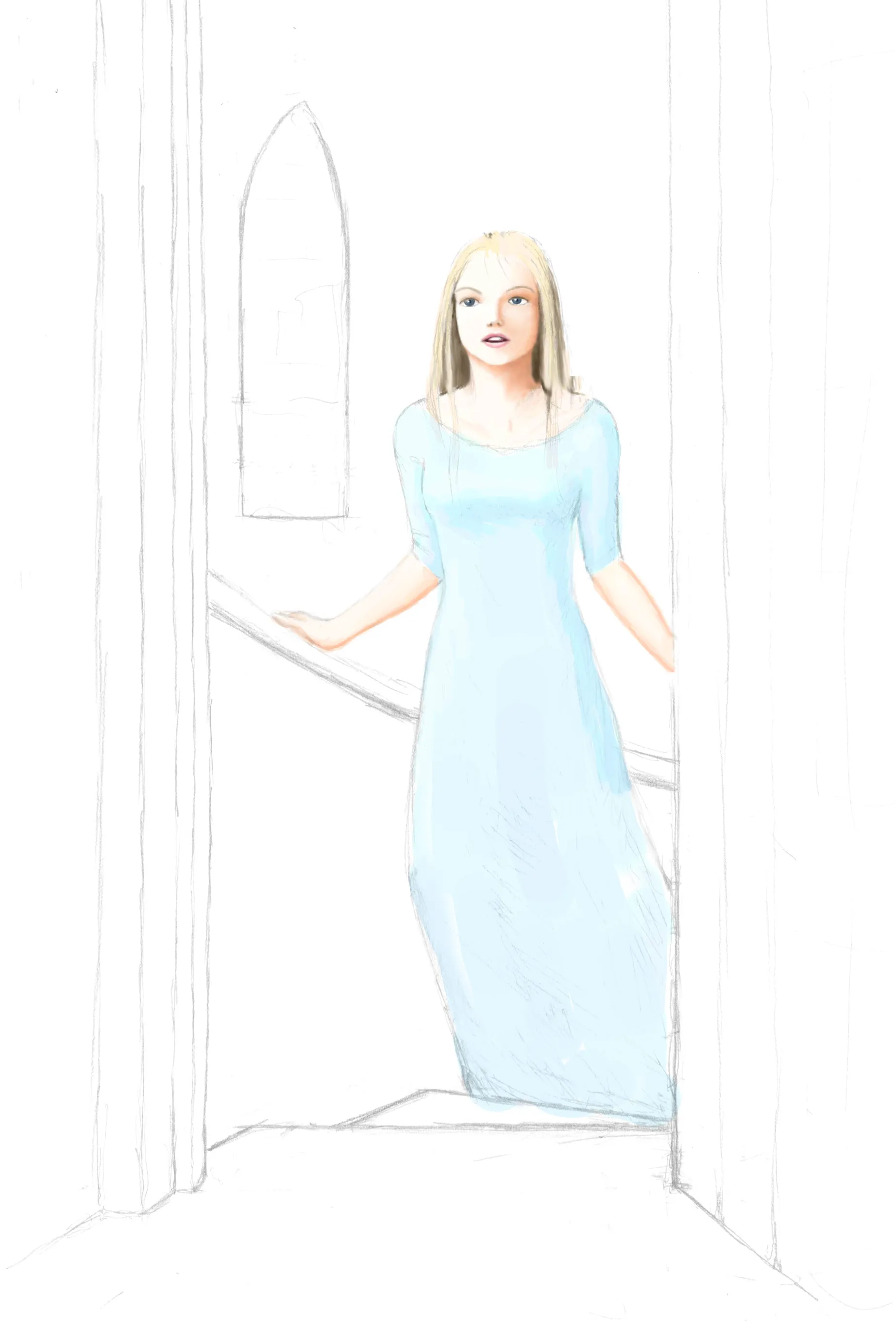 Sleeping Beauty climbs to the top of the steps inside the tower.