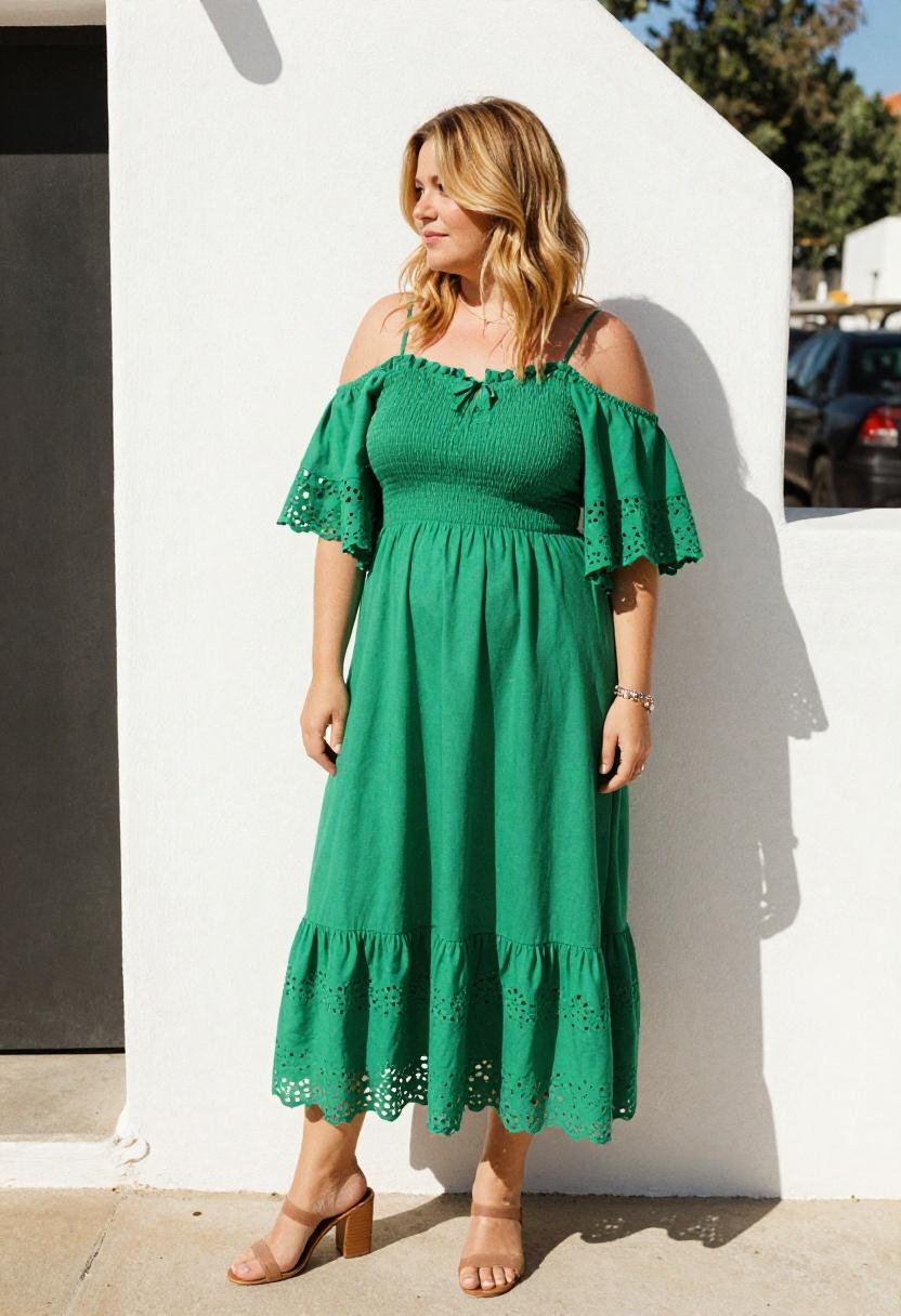 Plus size woman in emerald green smocked eyelet dress against a bright white patio wall