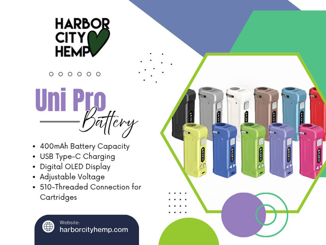 The Uni Pro battery is a rechargeable vape device engineered to work with most standard 510-thread cartridges. Its universal design accommodates cartridges of different sizes while keeping them securely protected inside the device.

Click here for more information: https://harborcityhemp.com/product/yocan-uni-pro/

Harbor City Hemp

Address: 186 Specialty Pt, Sanford, FL 32771, USA
Phone: +1-619-639-4386

Read Our Blogs:
https://is.gd/R5WZNH
https://tinyurl.com/29fgcezf
https://v.gd/xi3Yqf

More Links:
https://is.gd/OUnA1s
https://v.gd/PA6bLt
https://tinyurl.com/22ulqm2s