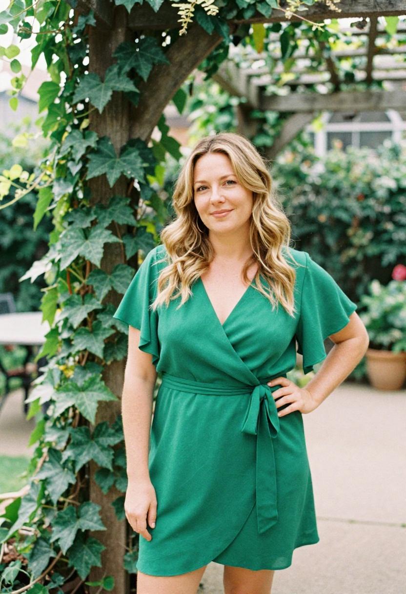 Emerald green wrap dress with gazebo backdrop for garden wedding guest elegance