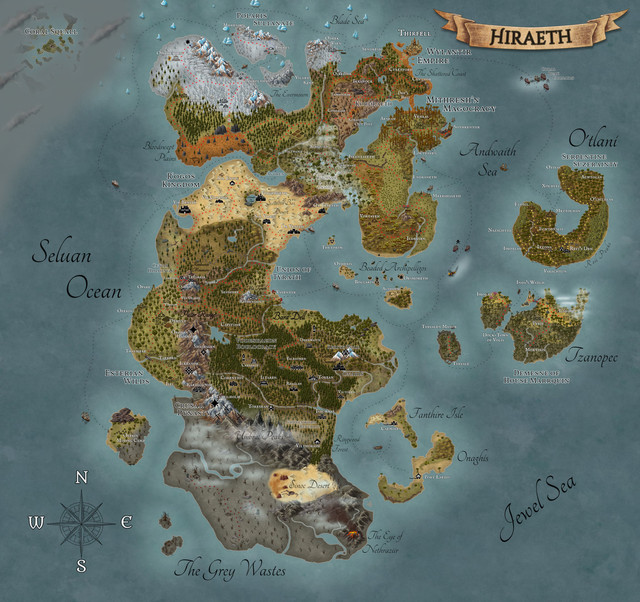 (World map and some background story below. (I have a few characters down below you can read the stories of.)

Hiraeth is home to a vast array of species, with Humans, Elves, and Orcs being the most prominent. Recently, a brutal war between Humans and Elves came to an uneasy end, resulting in a fragile peace treaty that divided their territories. Though tensions still linger, both factions now strive to coexist, rebuilding their lands and reforging alliances.

However, as one conflict fades, another rises. A growing threat looms in the south—an unstoppable wave of Orc warbands and human rebellion. These factions, ruthless and unchecked, terrorize the roads, ambushing caravans and merchants. At times, they even dare to lay siege to cities, seeking to carve out dominion of their own.

The Orcs and Bandits hold dominion over the lawless southern lands, but among them, one leader stands above the rest—Lian, the Bandit Queen. Ruling from the heart of the desert, she commands a vast network of raiders, outposts, and hidden encampments scattered across the arid wastelands. The desert itself is a treacherous expanse of scorching dunes and barren landscapes, where even the most seasoned adventurer would struggle to survive alone. Yet, within its sun-scorched expanse, Lian has established a network of oasis settlements, where her followers live and thrive under her rule.

Bearing the title "Queen of the South" and to some, "Queen of the Desert" Lian has made the rise of a formidable army. With ruthless efficiency, she has already seized control of Vilthorash, the gateway city to the desert. Now, using it as a stronghold, her forces move freely between the wastes and the heart of the kingdom, With the ability to launch swift and devastating raids.

(Currently: 4 characters. Always W.I.P may add more characters and change some story around.)