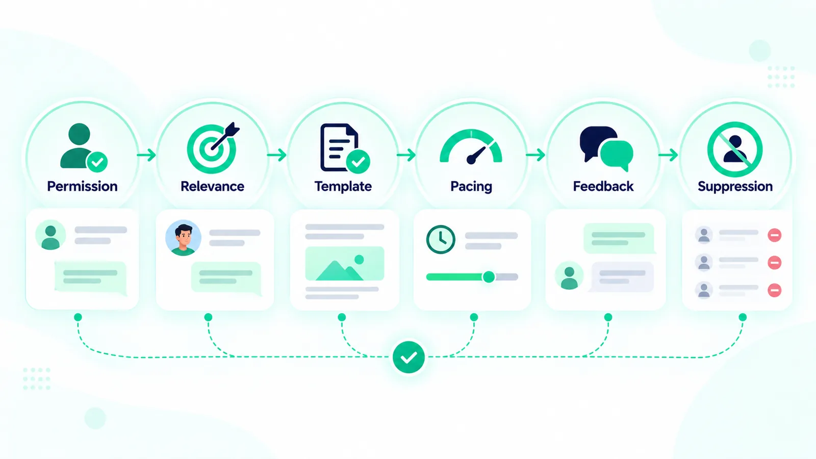 WhatsApp marketing risk reduction controls showing permission, relevance, templates, pacing, feedback, and suppression