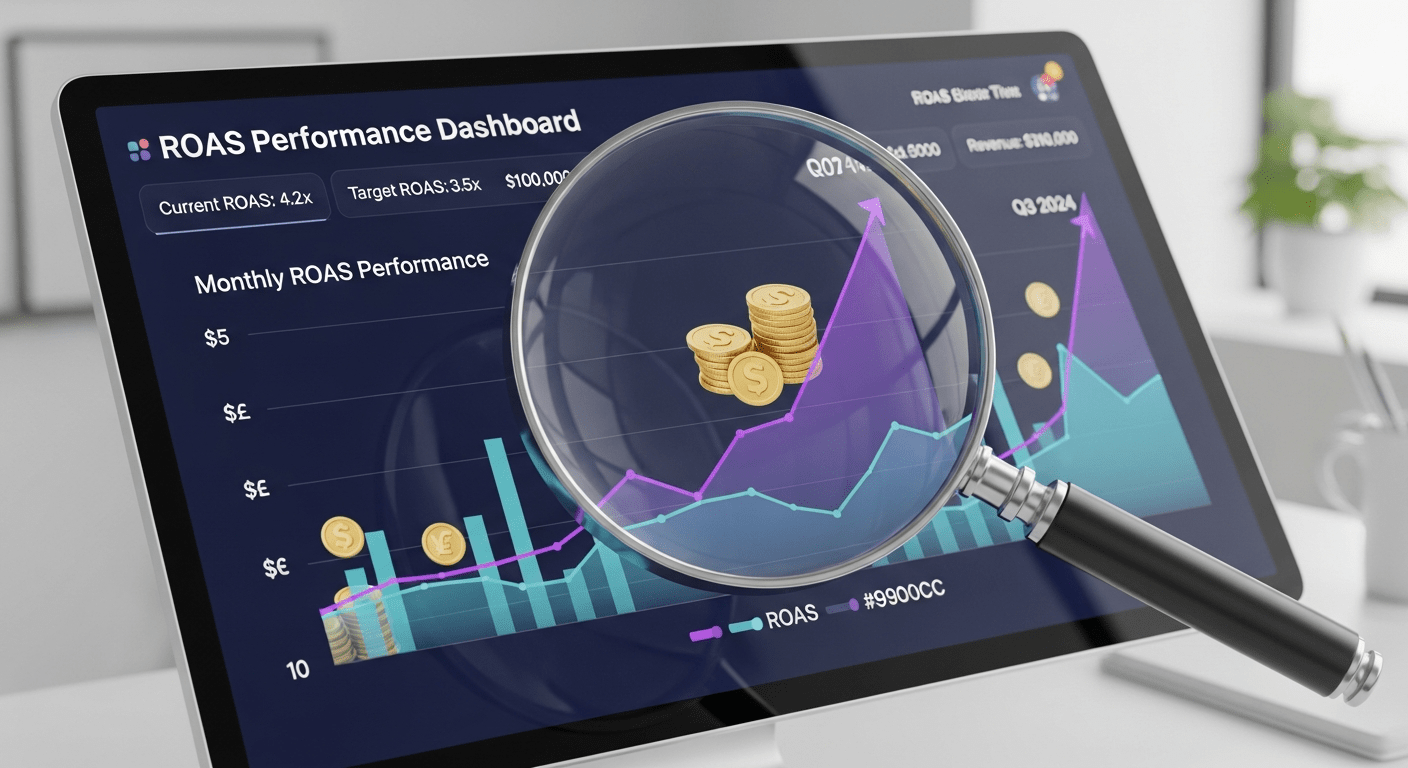 A magnifying glass analyzing a Return on Ad Spend (ROAS) chart on a screen.