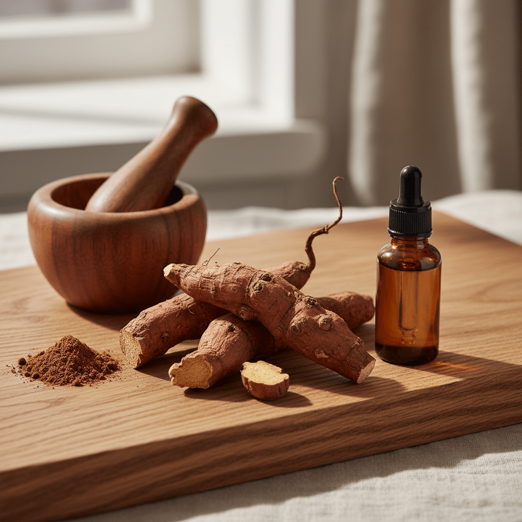 Ashwagandha roots and premium oil bottle styled on a warm brown surface