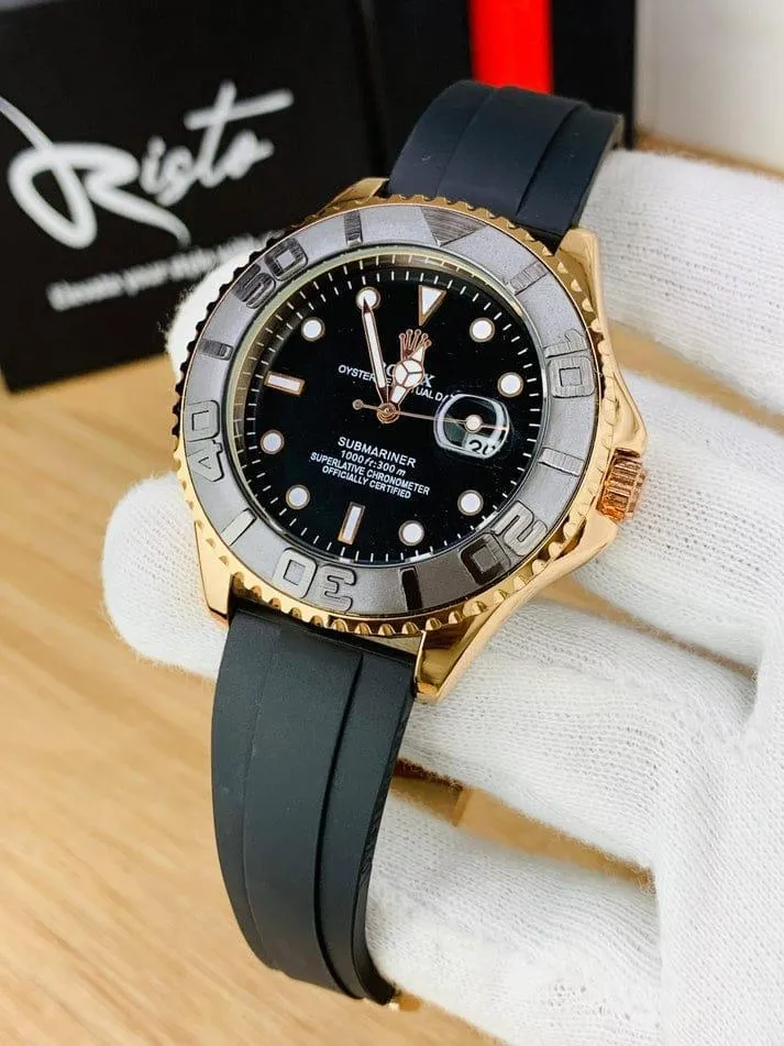 Men's Gold Black Chronograph Watch with Rubber Strap