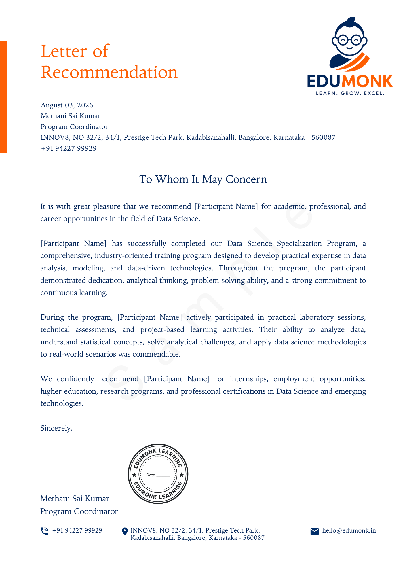 Sample EduMonk Letter of Recommendation for the Data Science Certificate of Specialisation