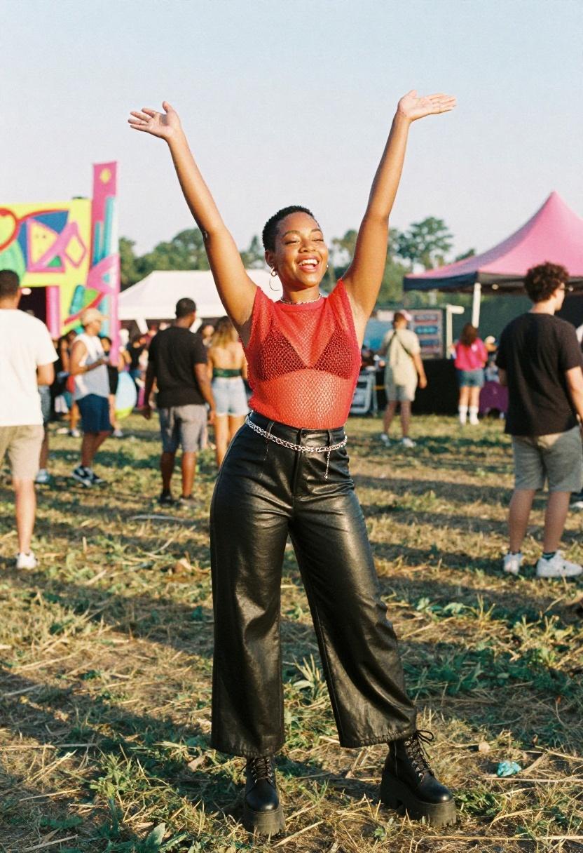 Bold crimson mesh and vinyl trouser look with arms raised at alternative concert