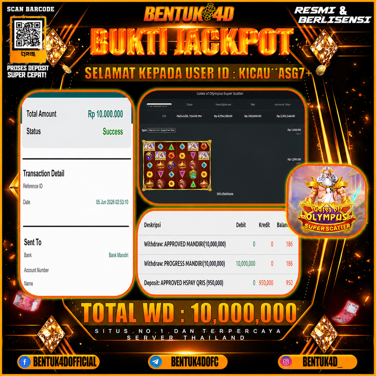 SELAMAT KEPADA USER ID : KICAU**ASG7+ KEMENANGAN Rp 10,000,000 (GATES OF OLYMPUS SUPER SCATTER) DI BENTUK4D