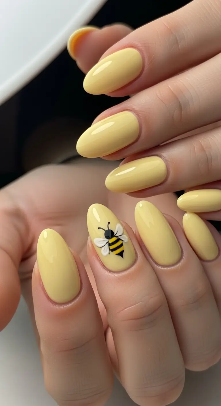 Butter Yellow Bee Motif Accent Short Almond Nails