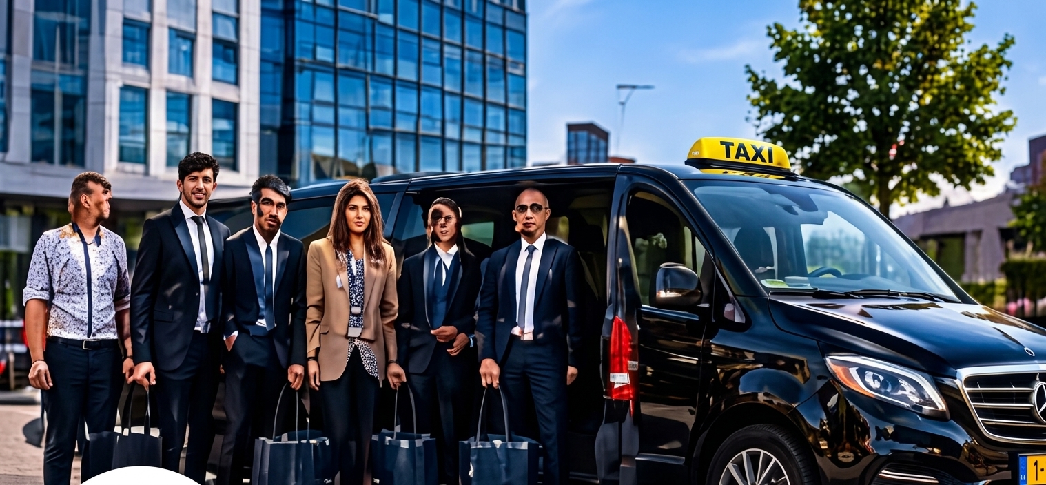 Groep zakelijke reizigers naast een ruime taxi