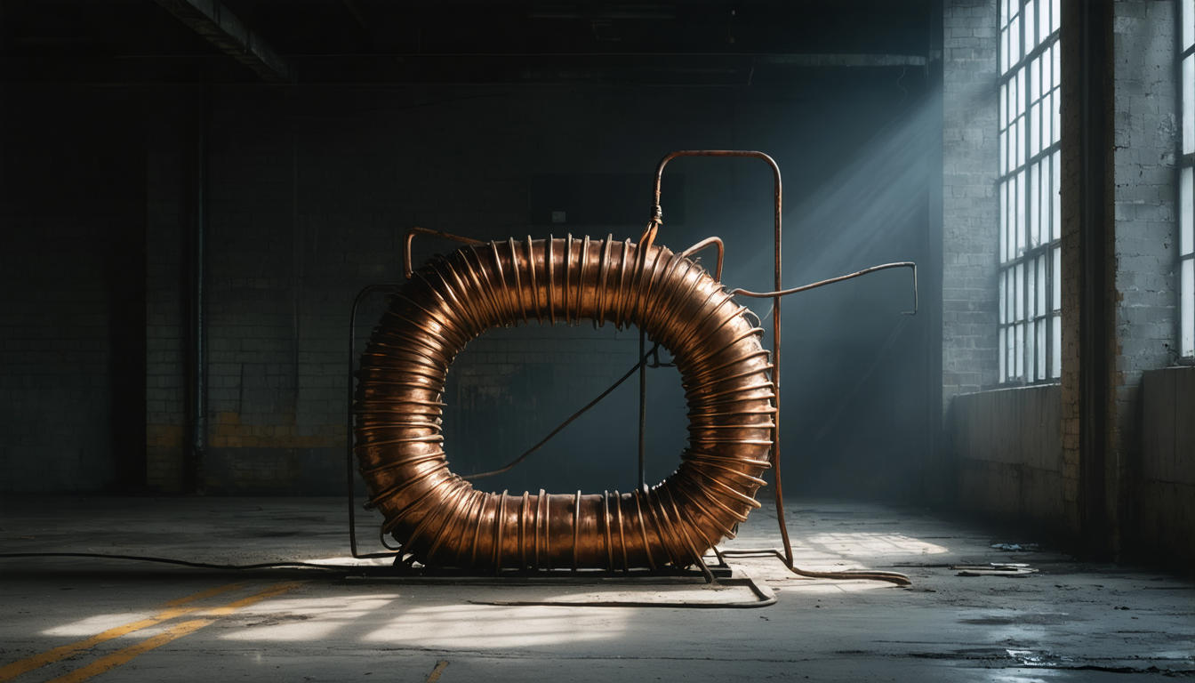 A weathered copper transformer coil alone in a dim concrete hall, lit by a thin shaft of grey daylight from above.