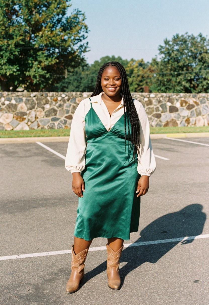 Emerald satin midi skirt with block-heel boots spring wedding guest outfit