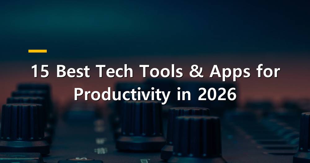 Laptop with various productivity app icons floating around it, representing the best tech tools and apps for 2026.