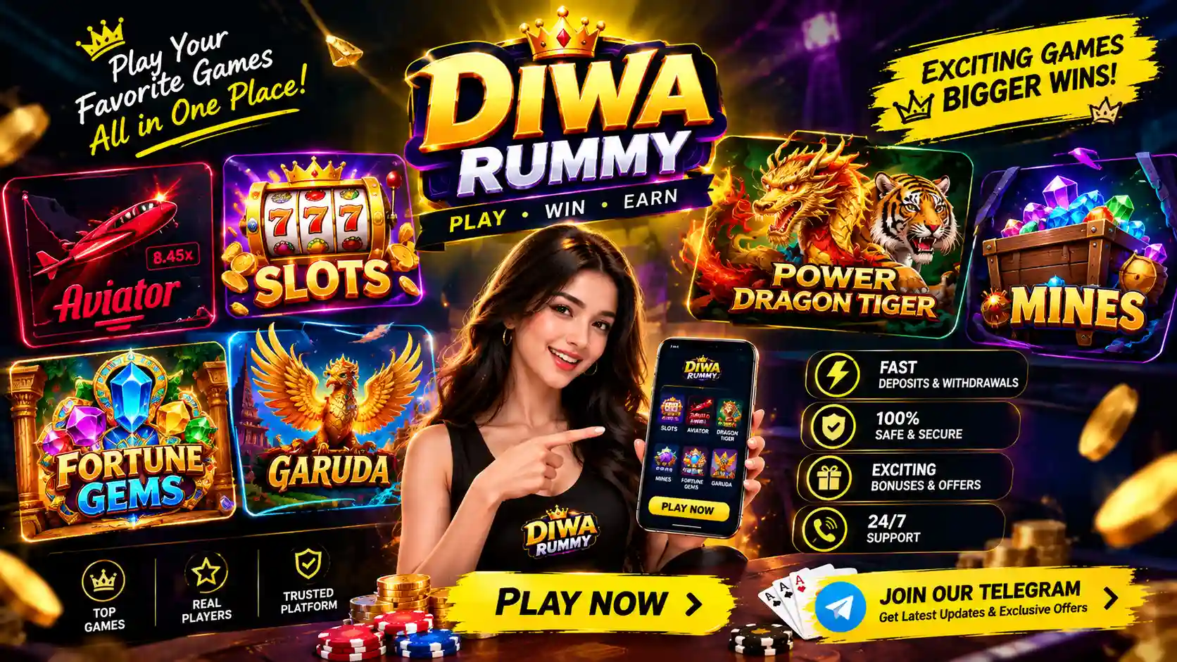Diwa Rummy gaming banner featuring Aviator, Slots, Power Dragon Tiger, Mines, Fortune Gems and Garuda