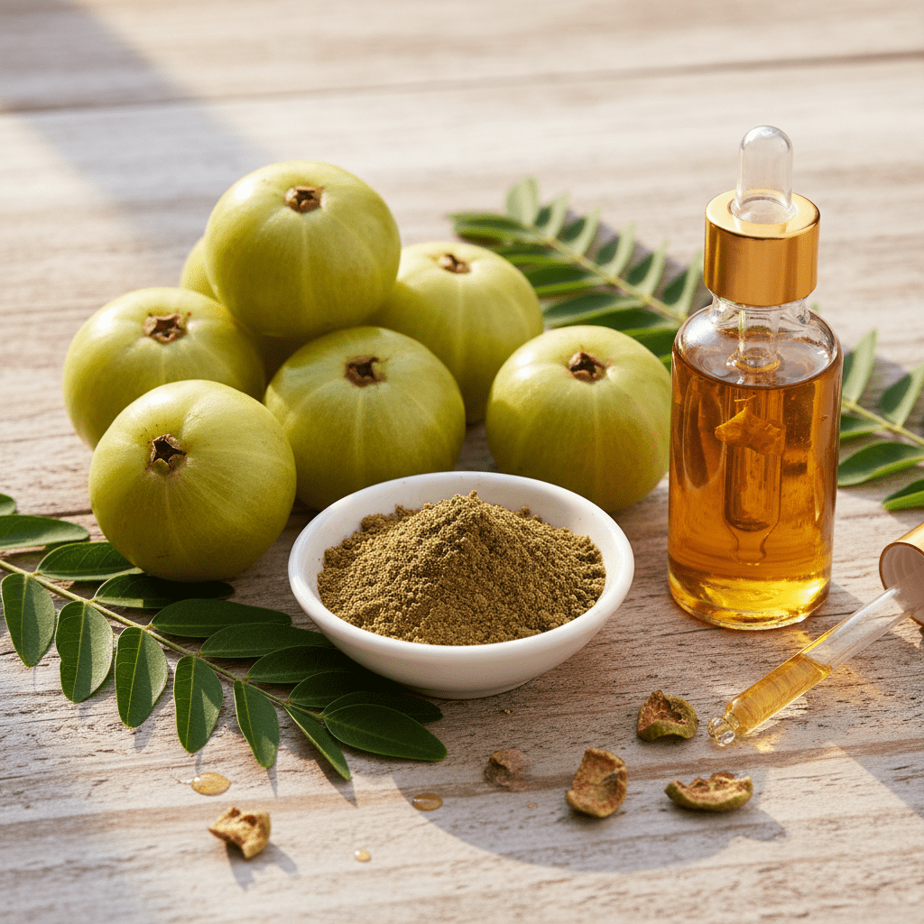 Close-up of amla fruit and infused oil ingredients