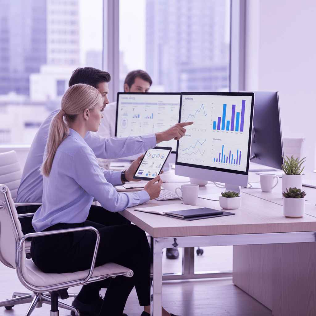 A hotel marketing team reviewing social analytics on a laptop and tablet in a modern office