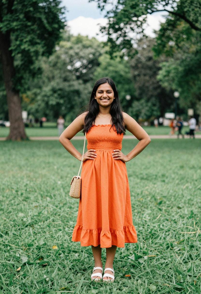 Woman in tangerine smocked sundress with espadrilles at garden brunch