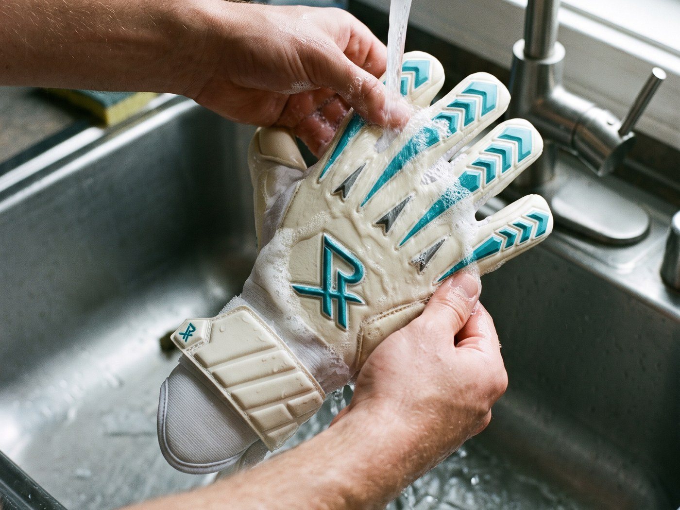 Hands rinsing a goalkeeper glove under a running tap, soap foam on the latex palm