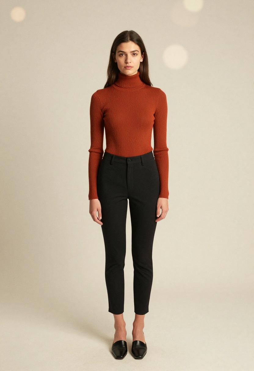 Terracotta turtleneck tucked into black tailored trousers with square-toe mule heels
