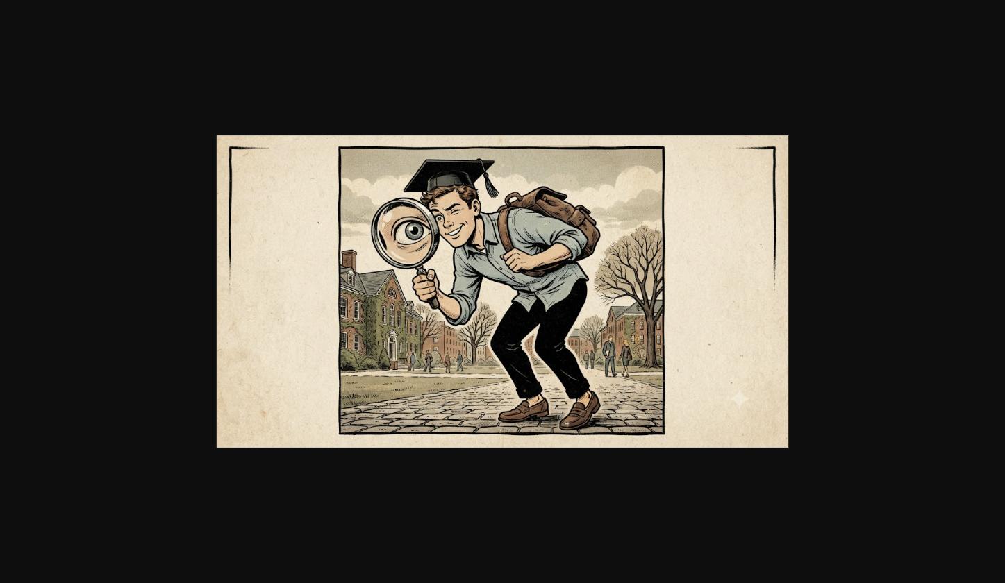 a bright-eyed young college graduate with a casual half-tucked shirt, a backpack slung over one shoulder, and an easy grin, peering intently through an oversized magnifying glass held up to one eye, leaning forward on tiptoe
