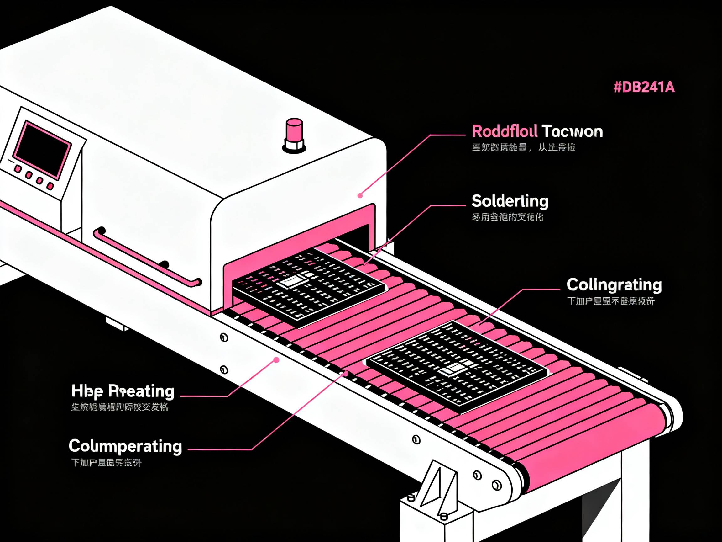 How Does a Reflow Oven Work? A Comprehensive Guide to Principles and Processes - S&M Co.Ltd Schematic depiction of a reflow oven showing conveyor and heating zones.