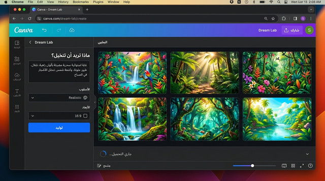 واجهة Dream Lab في Canva AI تصميم — توليد صور احترافية من نص عربي بالذكاء الاصطناعي