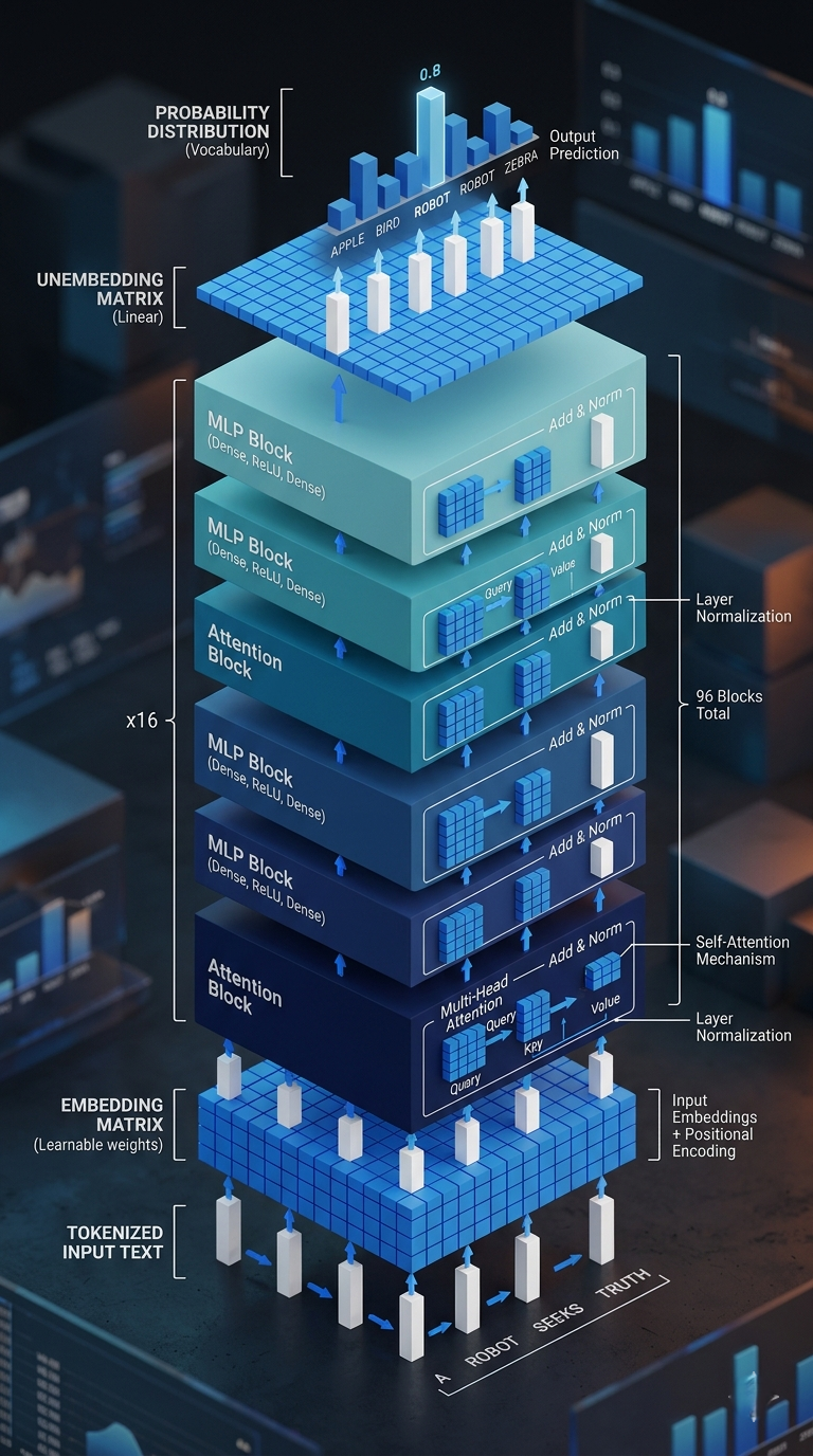 LLM next token prediction probability distribution diagram showing vocabulary tokens with probability bars and sampling mechanism
