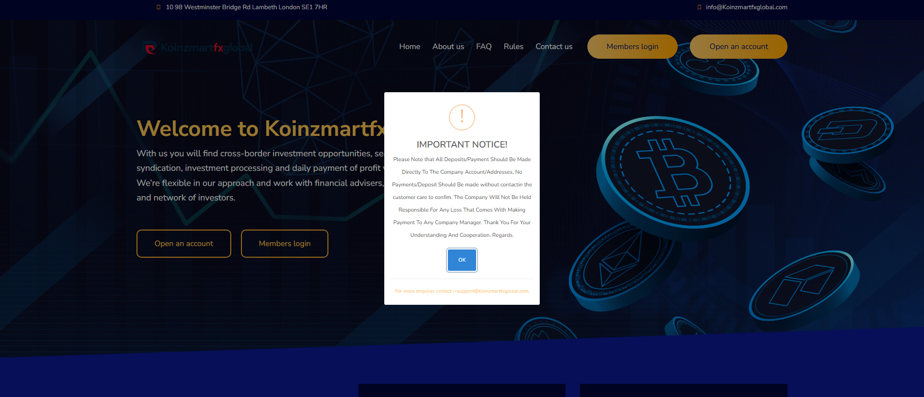 Forensic screenshot of koinzmartfxglobal.com showing the phishing page layout