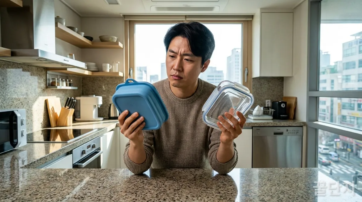 30대 한국인이 실리콘 밀폐용기와 유리 밀폐용기를 비교하는 모습, 깔끔한 주방 배경