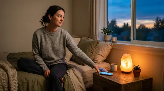 Person setting phone aside on nightstand in warm amber-lit bedroom at twilight, peaceful mood