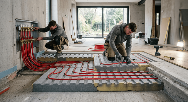 Underfloor heating system installation in a living room.