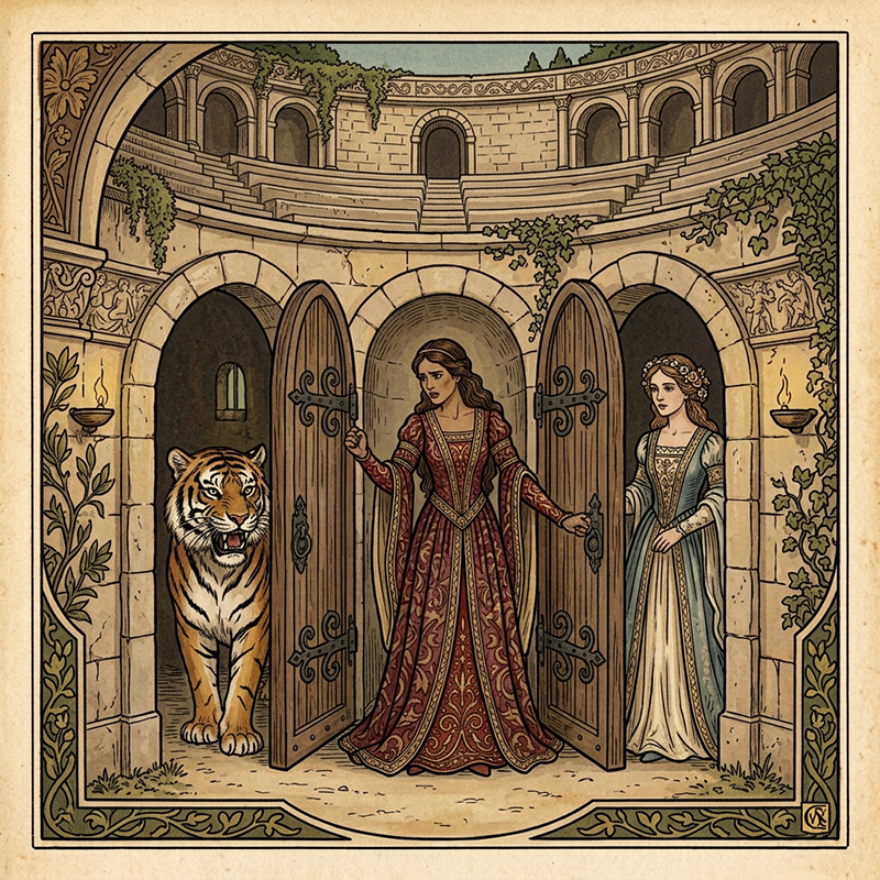 The princess looking into the two doors and discovering the secret
