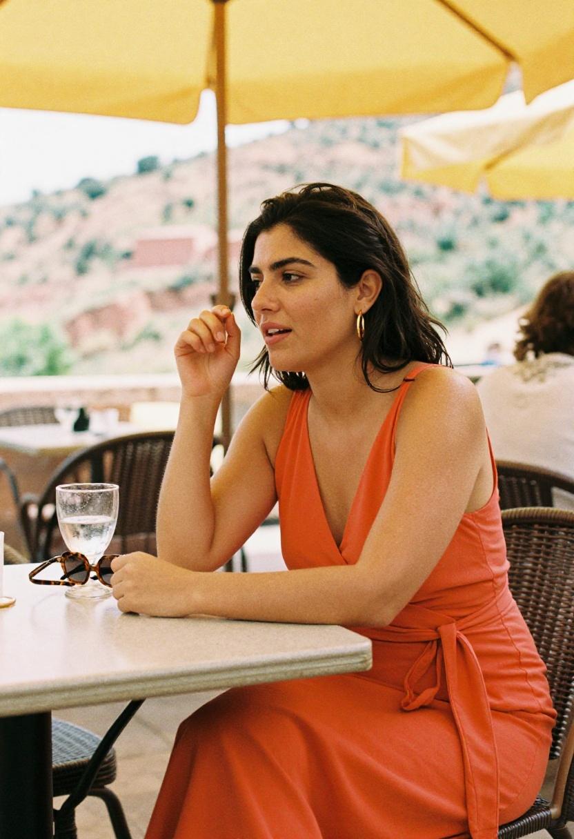 Tangerine wrap midi dress with gold accessories for Mother's Day brunch al fresco