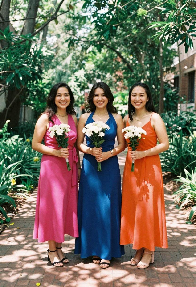 Three graduates in coordinating bold-colored dresses celebrating on sunlit garden path