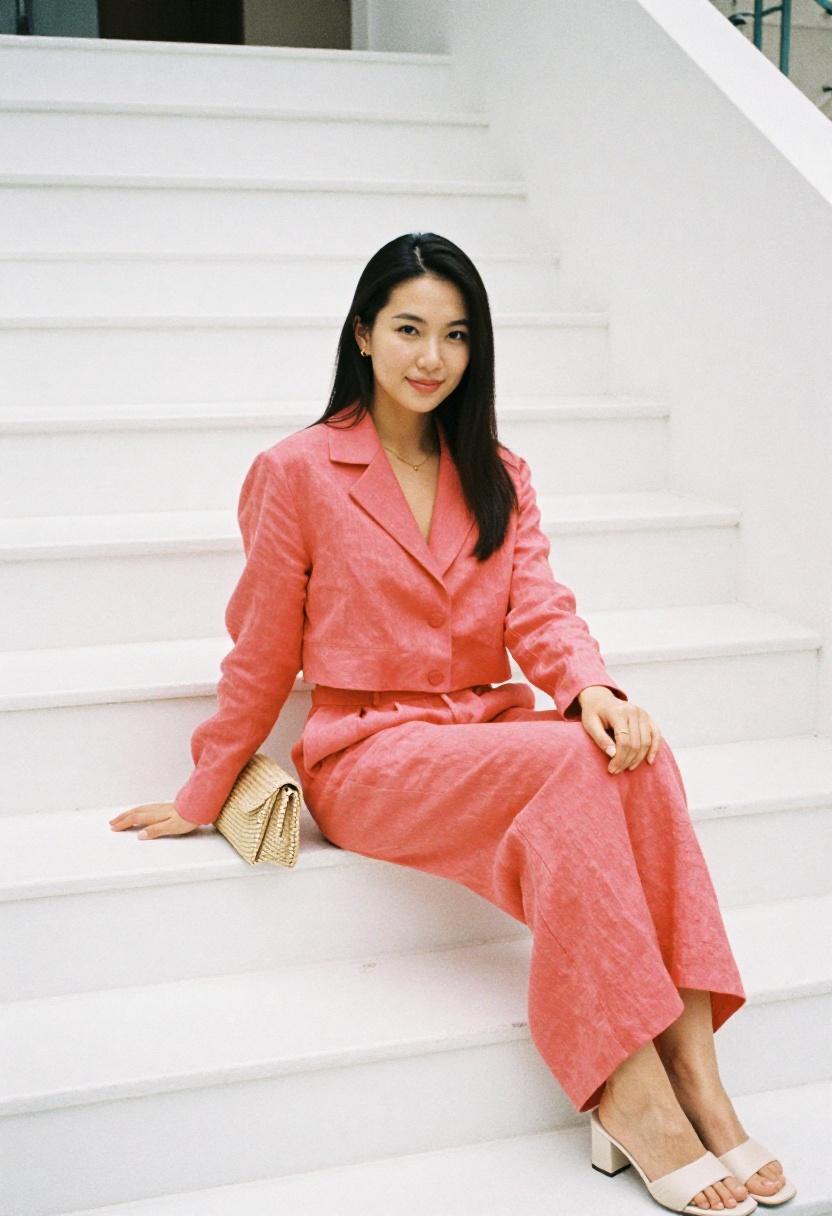 Coral linen co-ord set with wide-leg trousers for spring bridal shower