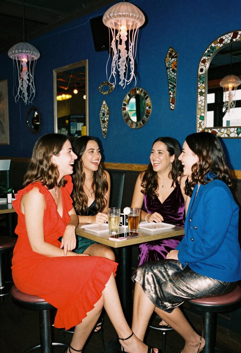 Three friends in tangerine, violet, and cobalt outfits at a glowing aquarium lounge