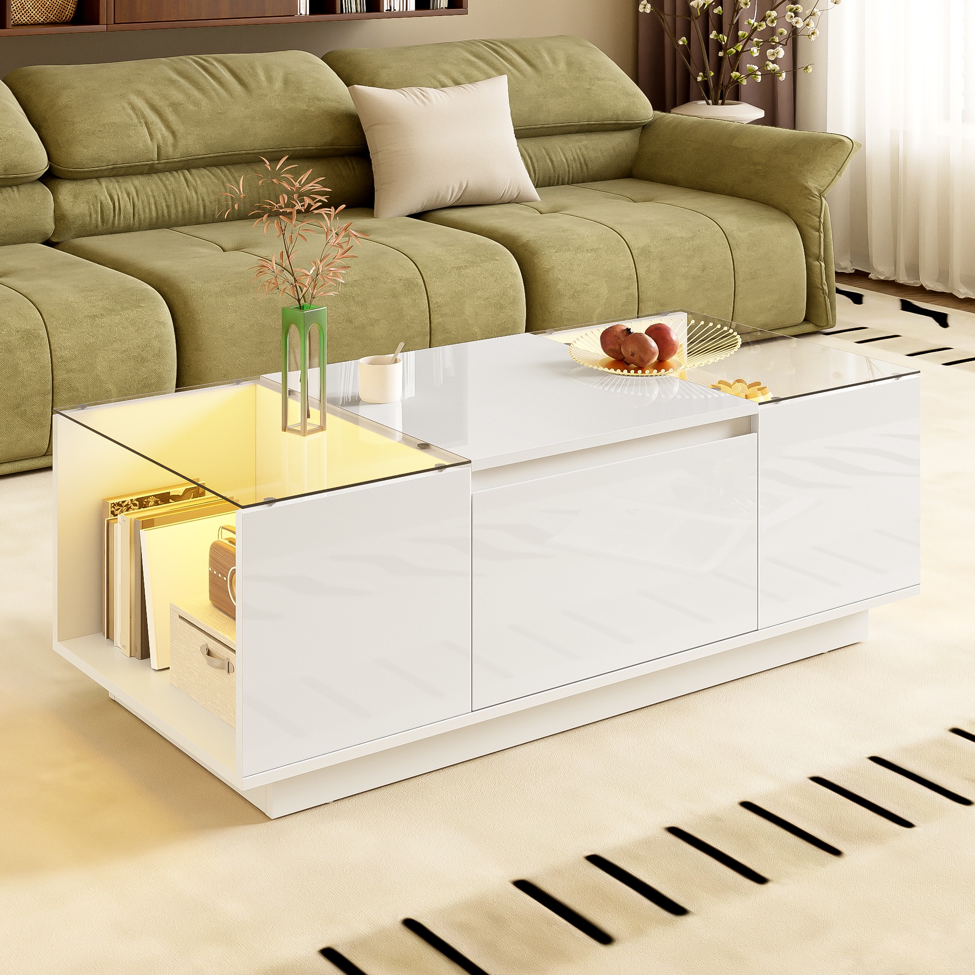 Table Basse Blanc, 2 Tiroirs, Rangement, Éclairage LED, Gestion des Câbles, Portes Vitrées, Design Moderne - 105x50x35cm - Salon 3
