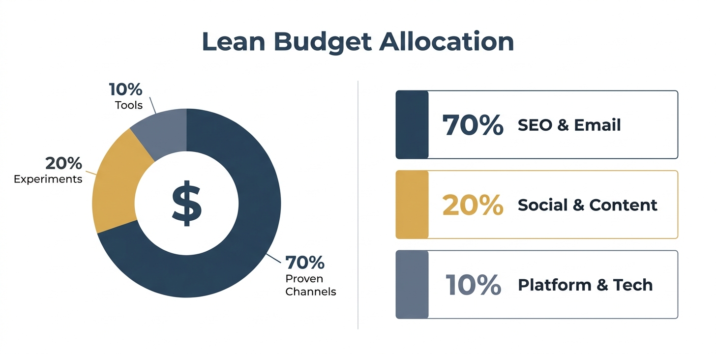 Lean budget allocation chart showing 70% proven channels, 20% experiments, 10% tools