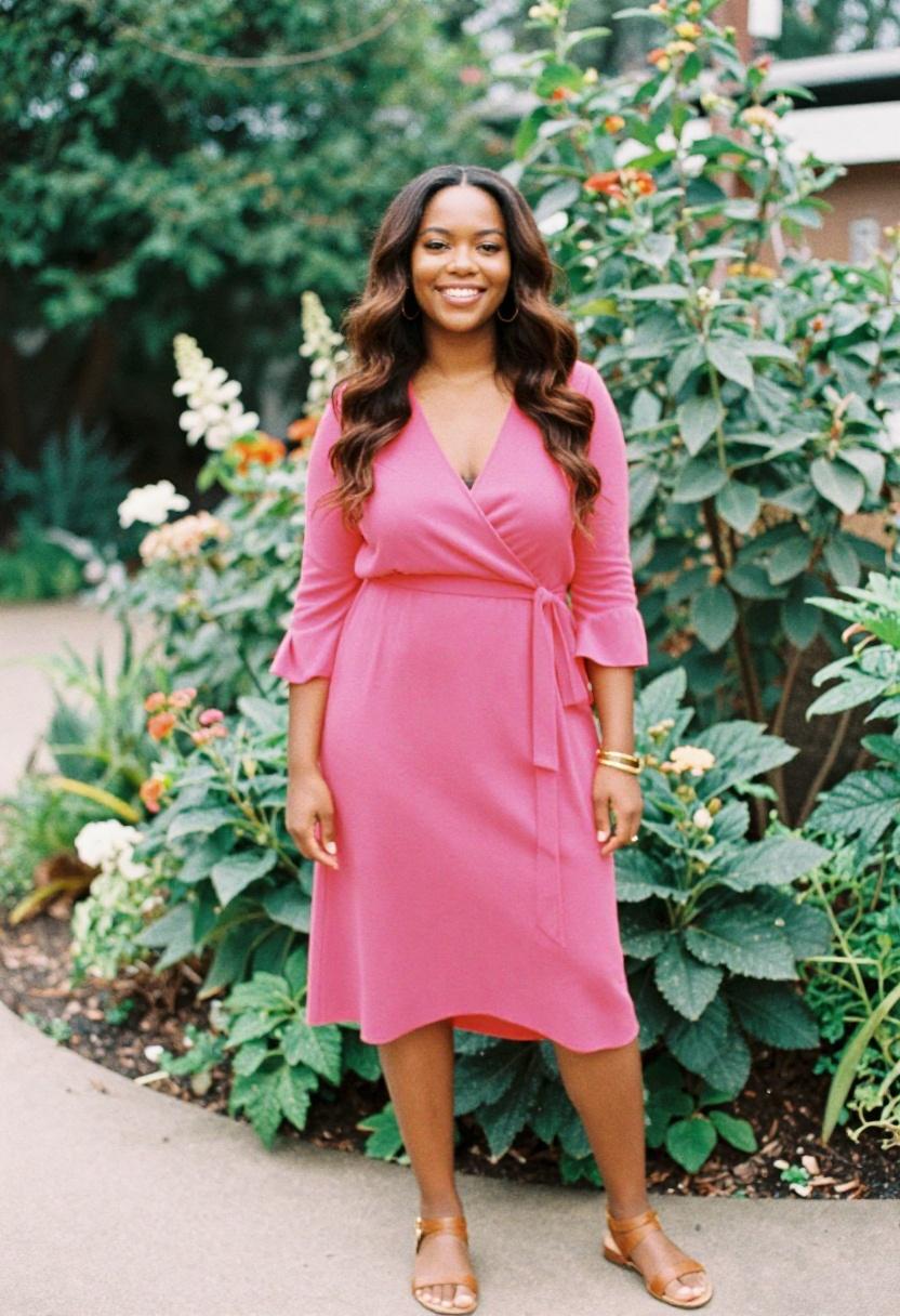 Plus size woman in fuchsia wrap dress in lightweight jersey in lush garden setting