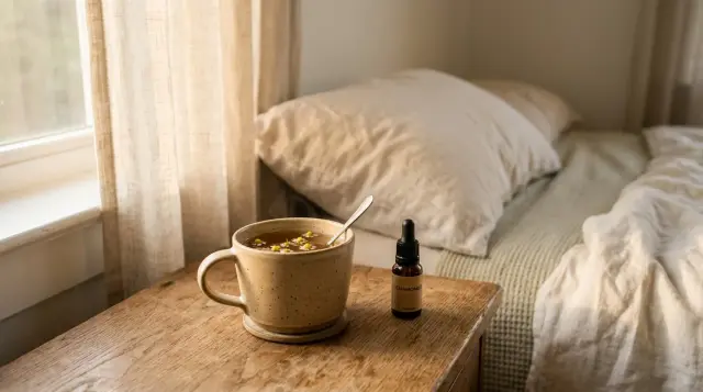 Calming bedside nightstand with chamomile tea and soft linens in warm evening light