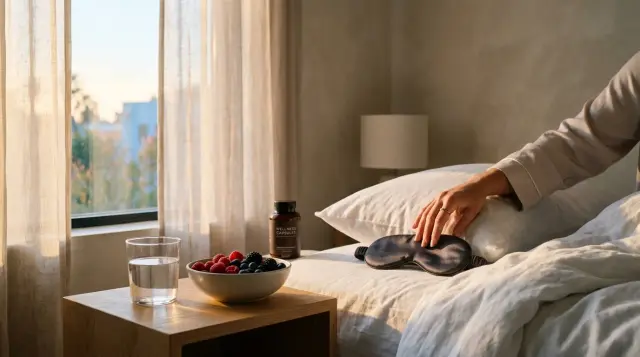 Sunlit minimalist bedroom with water, berries, sleep mask, and neglected supplements on nightstand