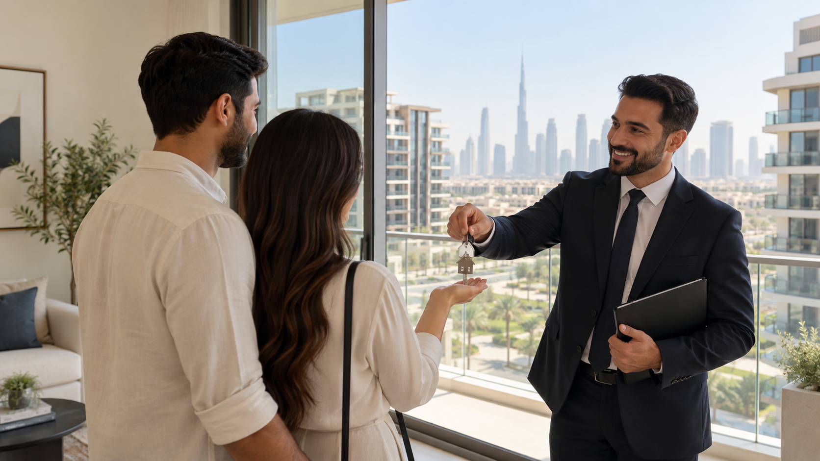 First-time home buyers receiving keys to a modern Dubai apartment
