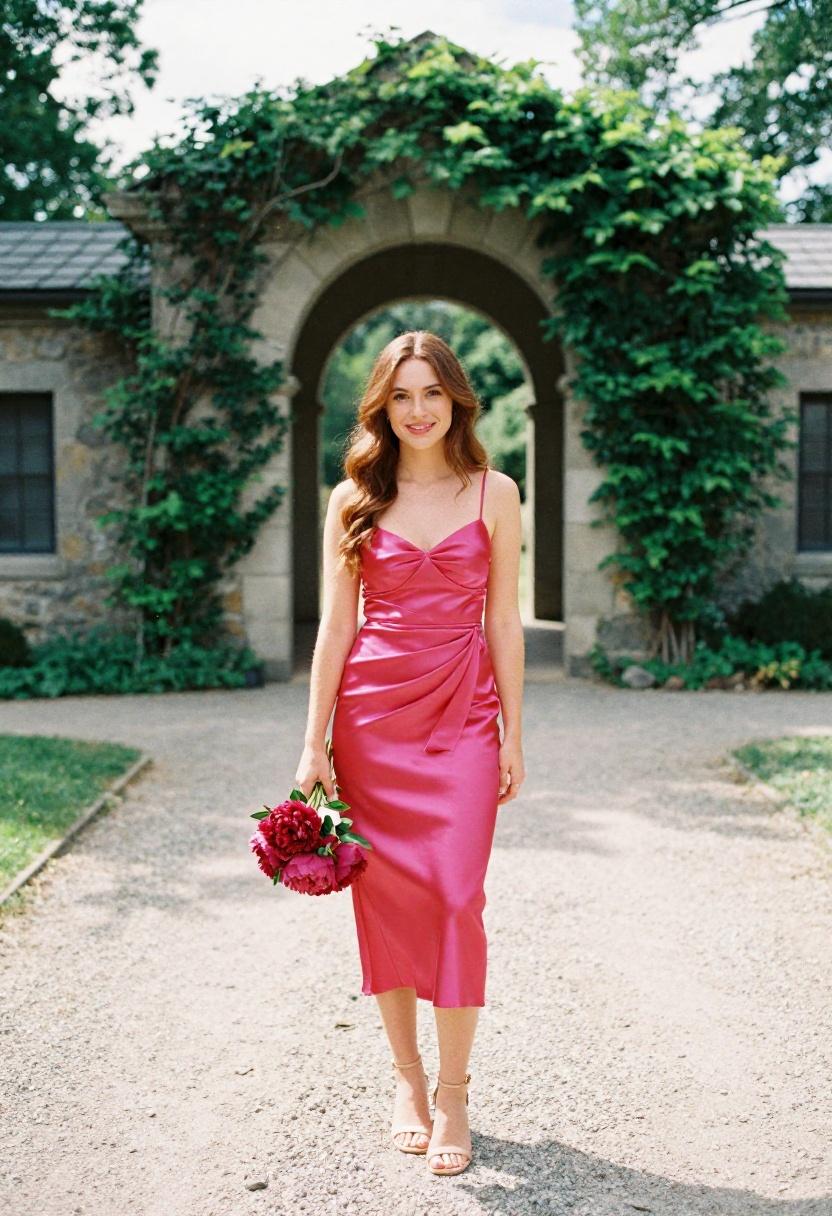 Fuchsia satin wrap skirt and matching top glowing against a romantic stone archway