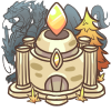 A small replica of the Daylight Sanctum, backed by local flora and the distant visage of Luminax.