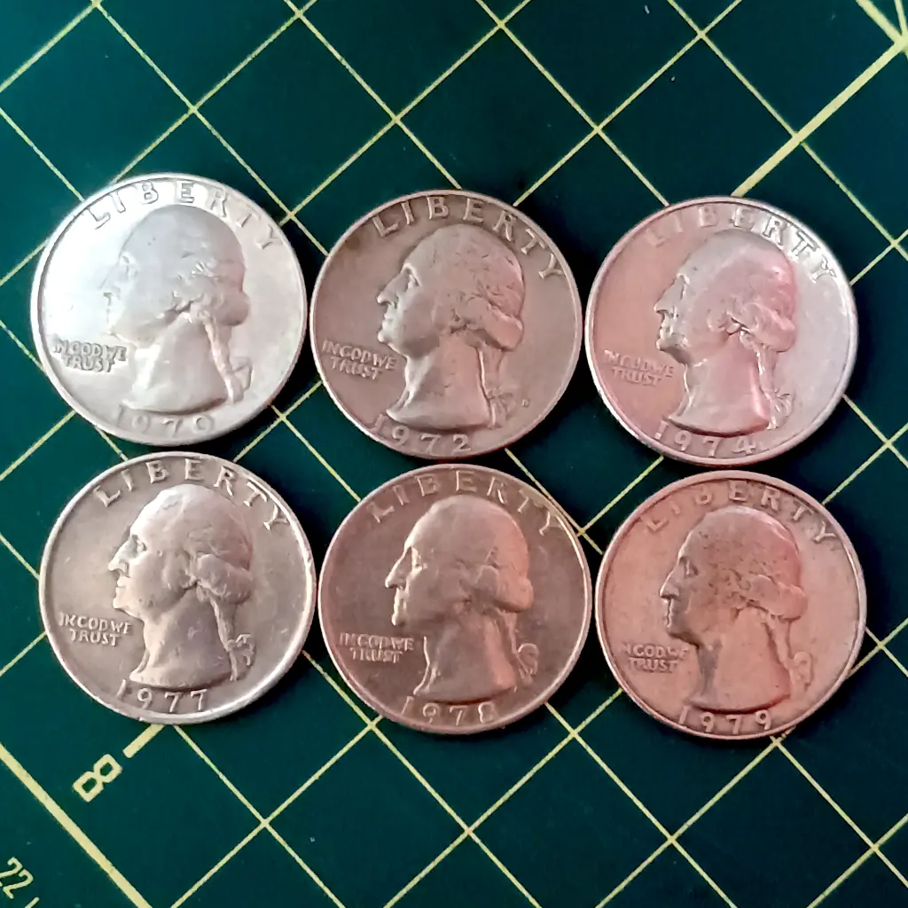 Lote com 6 Moedas Quarter Dollar Década de 70 1970 |1972|1974|1977|1978|1979 - Foto 2