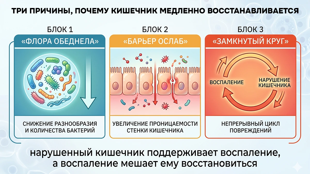 Схема: три причины медленного восстановления кишечника после ковида — обеднённая флора, ослабленный барьер и замкнутый круг воспаления