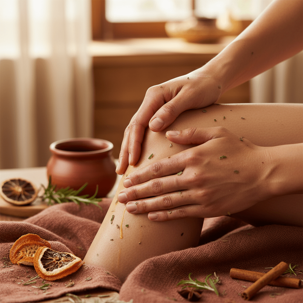 Hands massaging a knee with herbal oil in a wellness scene