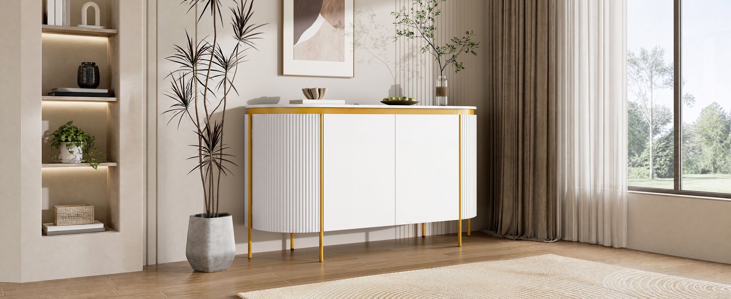 Buffet Blanc, 4 Portes, Rangement, Gestion des Câbles, Design Moderne, Angles Arrondis, Façade Texturée - Panneau composite de fibres de bois à densité et Métal - 140x38x80cm 2