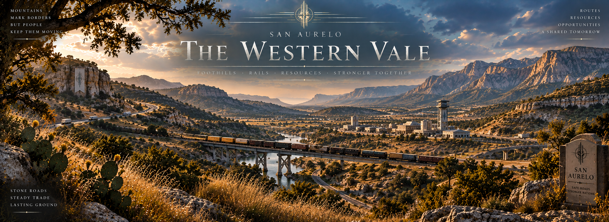 Freight rail and limestone foothills crossing the Western Vale toward the Crownwall.